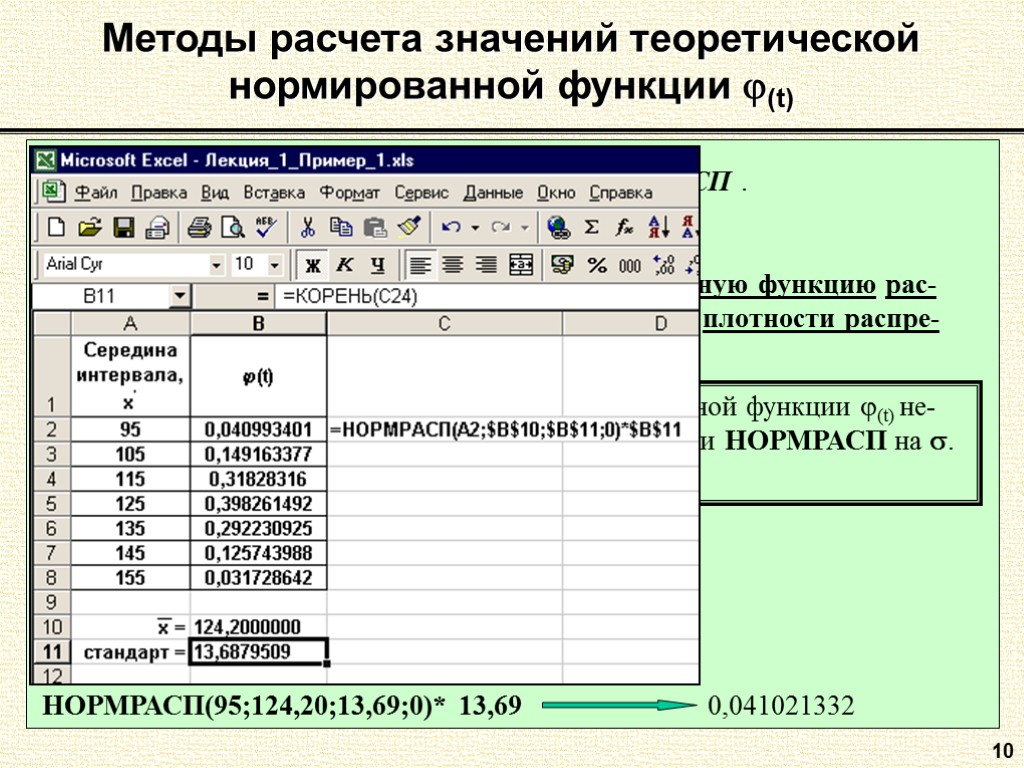 10 Методы расчета значений теоретической нормированной функции (t) 2. С помощью стандартной функции Excel